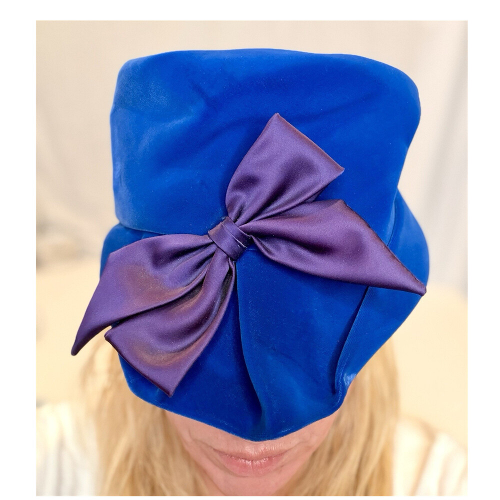 Blue Velvet Cloche Hat Purple Bow Accent Classic Formal Party One Size
